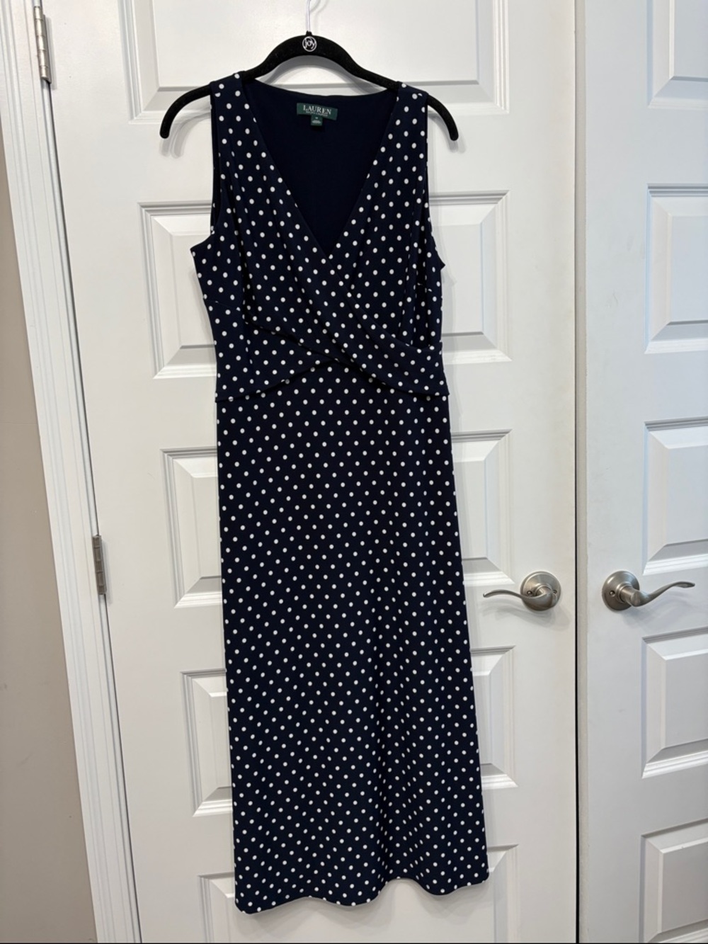 Lauren Ralph Lauren Navy White Polka Dot Sleeveless Faux Wrap Midi Dress